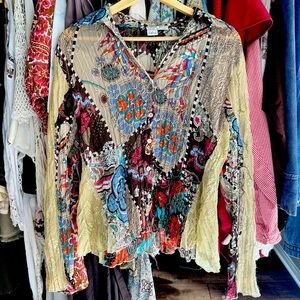 Alberto Makali  Artwear Patchwork Boho Crinkle Mesh Lace Top – Mixed Print RARE